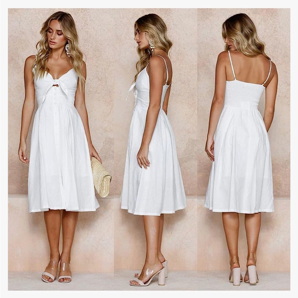 EUC White front tie button sundress midi length women’s size medium.
